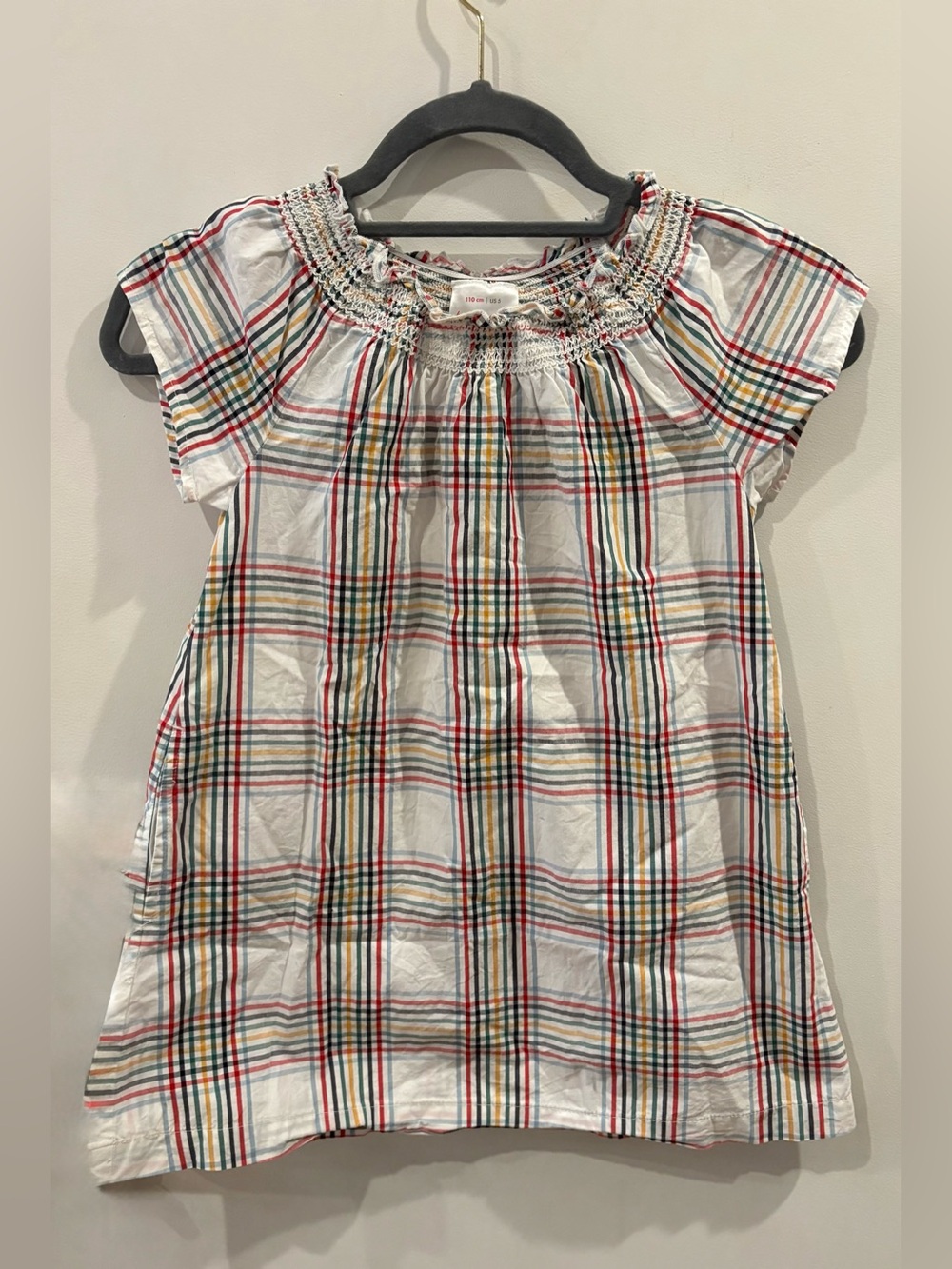 Hanna Andersson White Plaid Smocked Neck Top with Red, Green, Blue, Yellow